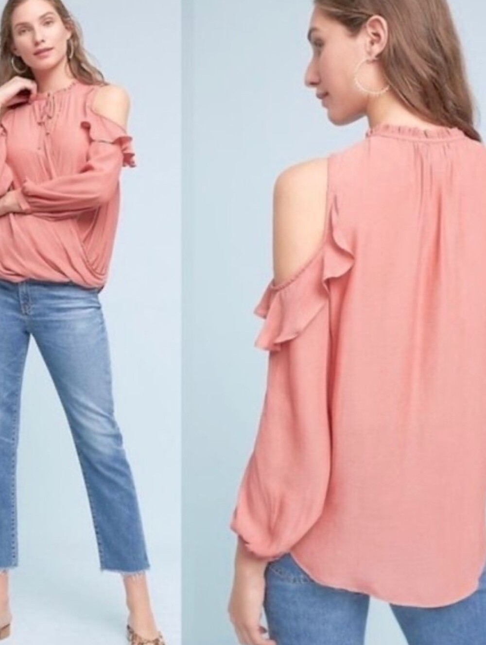 Anthropologie/Maeve Liesel Cold Shoulder Blouse Dusty Rose Ruffles Womens Medium